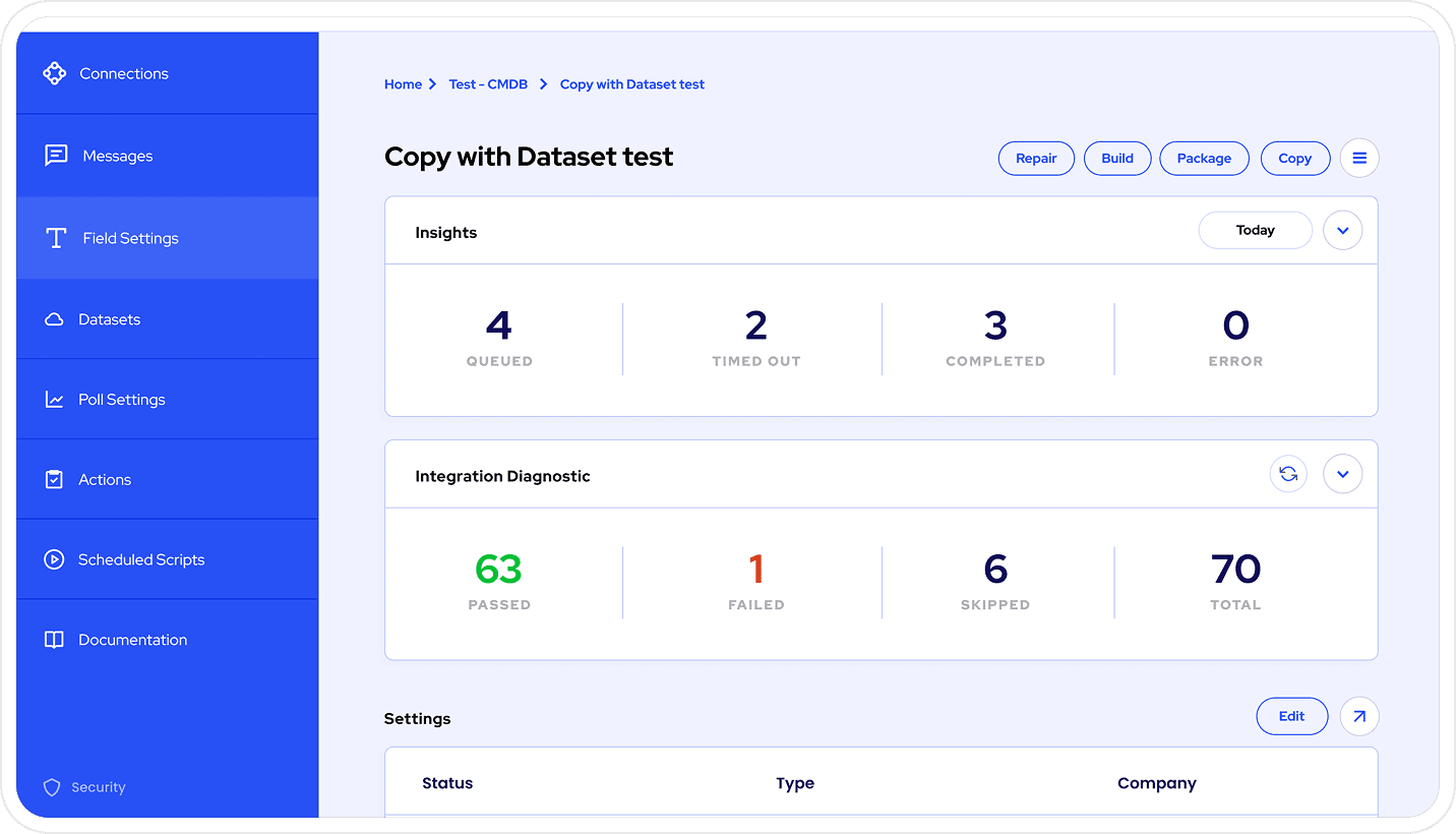 Unifi product interface showing integration diagnostics and settings