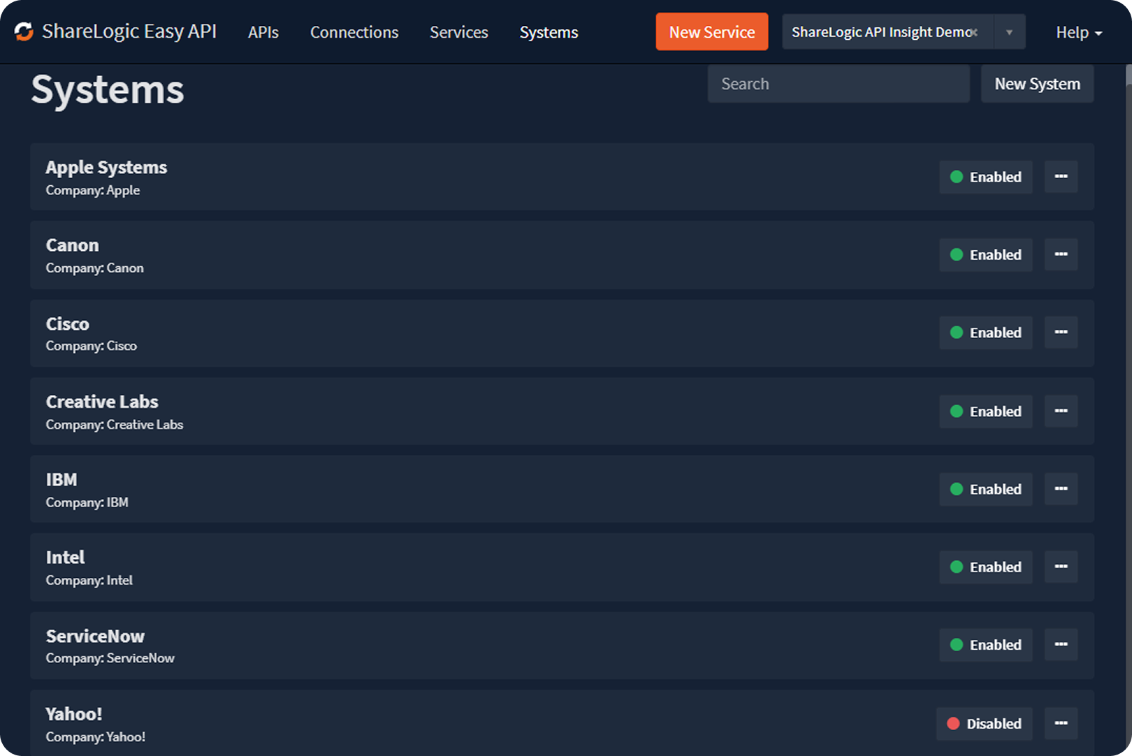 Easy API systems view in the product UI